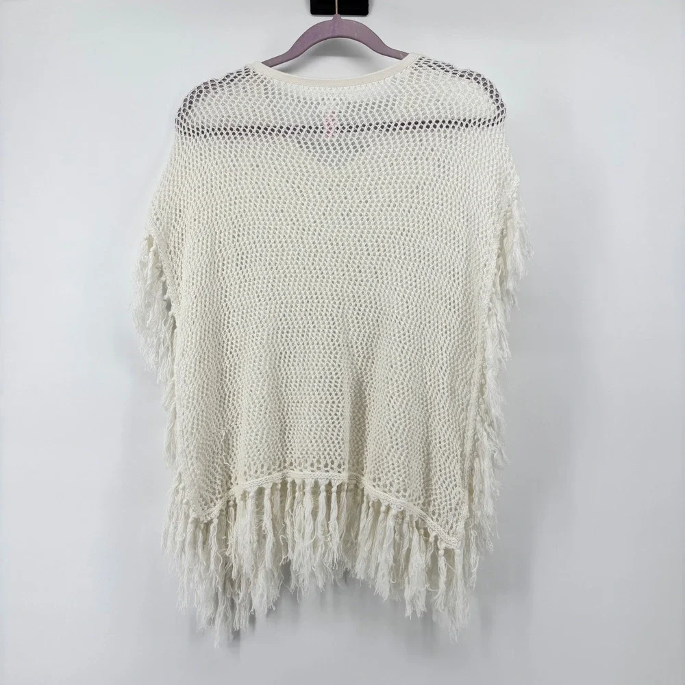 Justice Girls Ivory Crochet‎ Butterfly Fringe Poncho Top Shimmer Knit  Boho 8/10